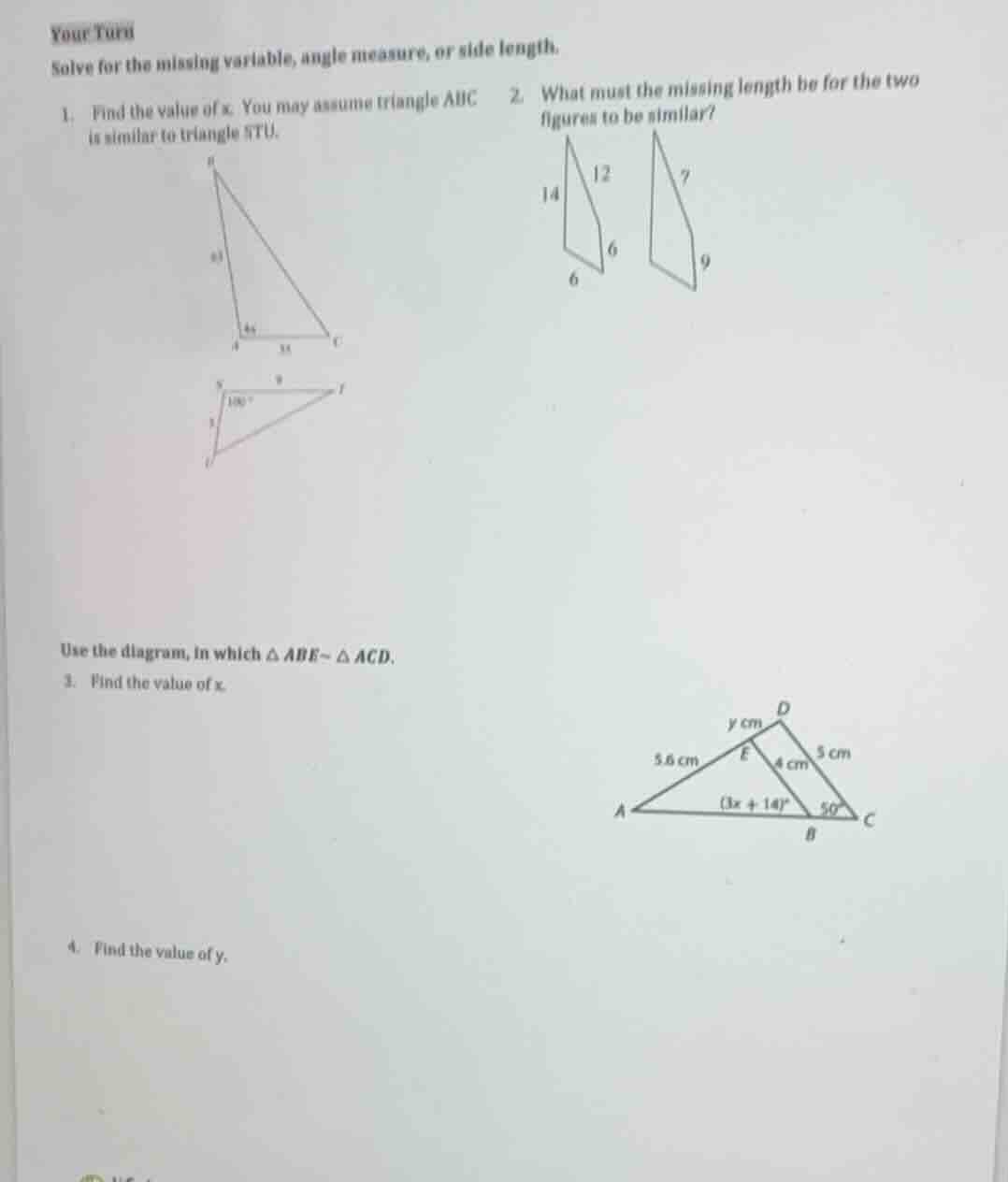 your turn solve for the missing variable, angle measure, or side length…