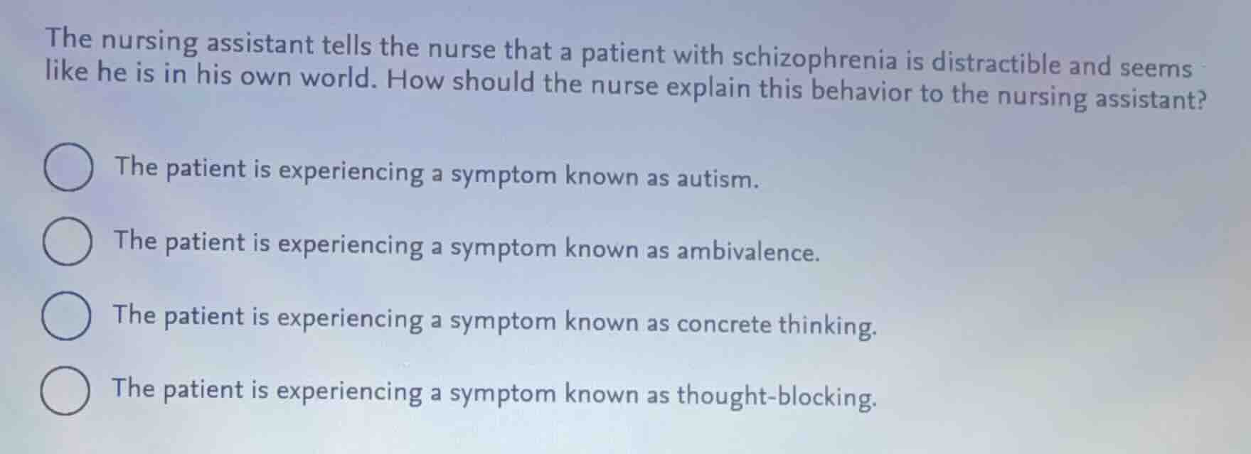the nursing assistant tells the nurse that a patient with schizophrenia…