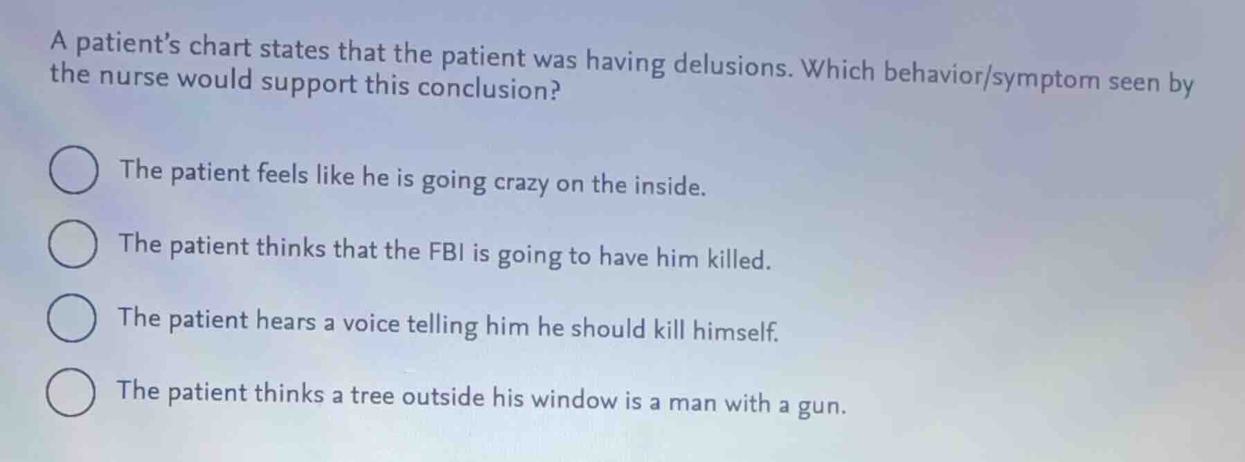 a patients chart states that the patient was having delusions. which be…