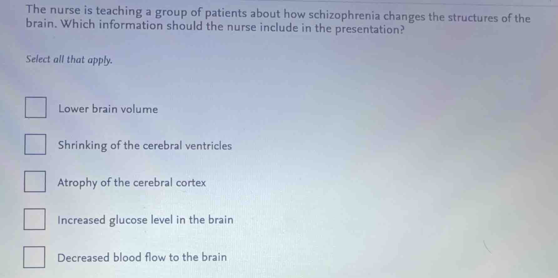 the nurse is teaching a group of patients about how schizophrenia chang…