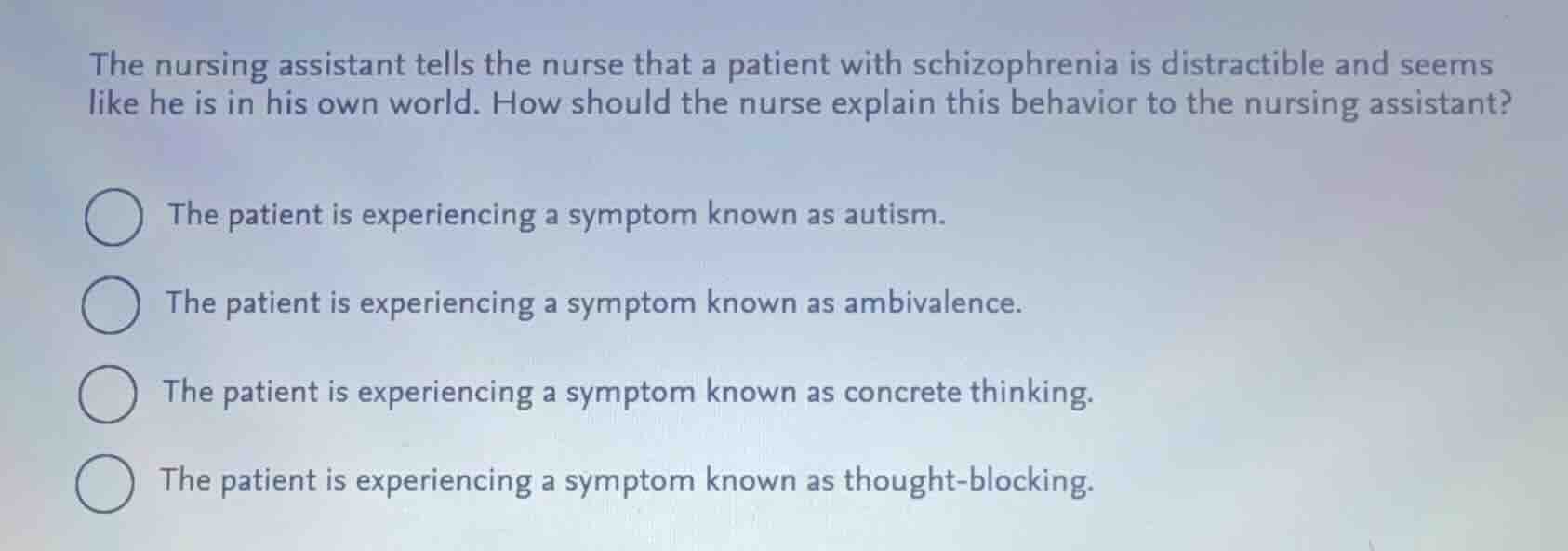 the nursing assistant tells the nurse that a patient with schizophrenia…