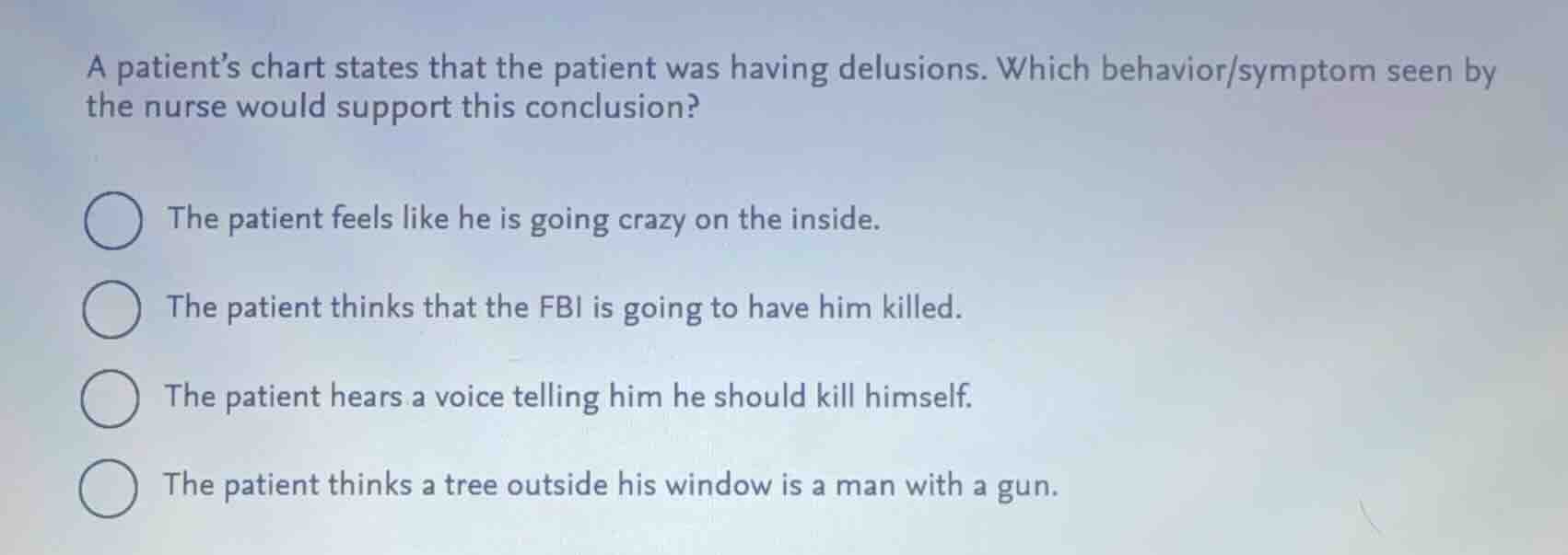 a patients chart states that the patient was having delusions. which be…