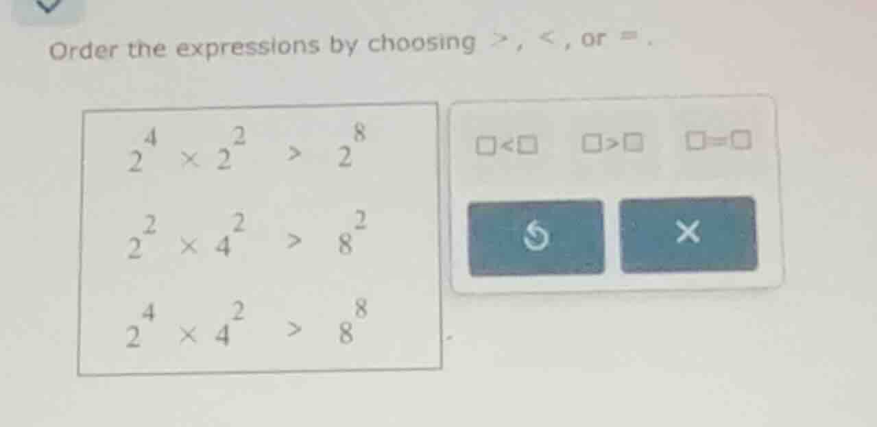 order the expressions by choosing \\(>\\), \\(<\\), or \\(=\\). \\ \\be…