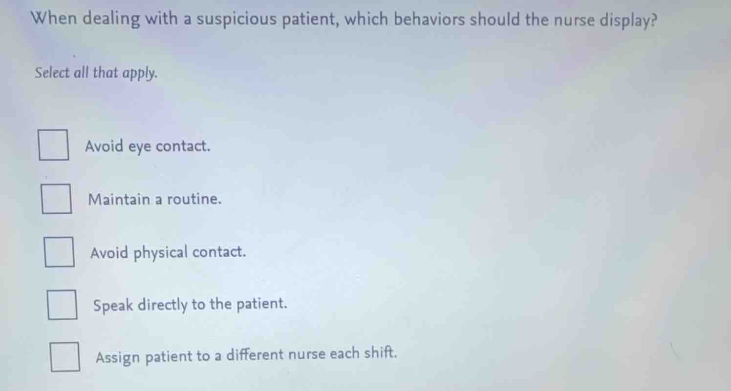 when dealing with a suspicious patient, which behaviors should the nurs…