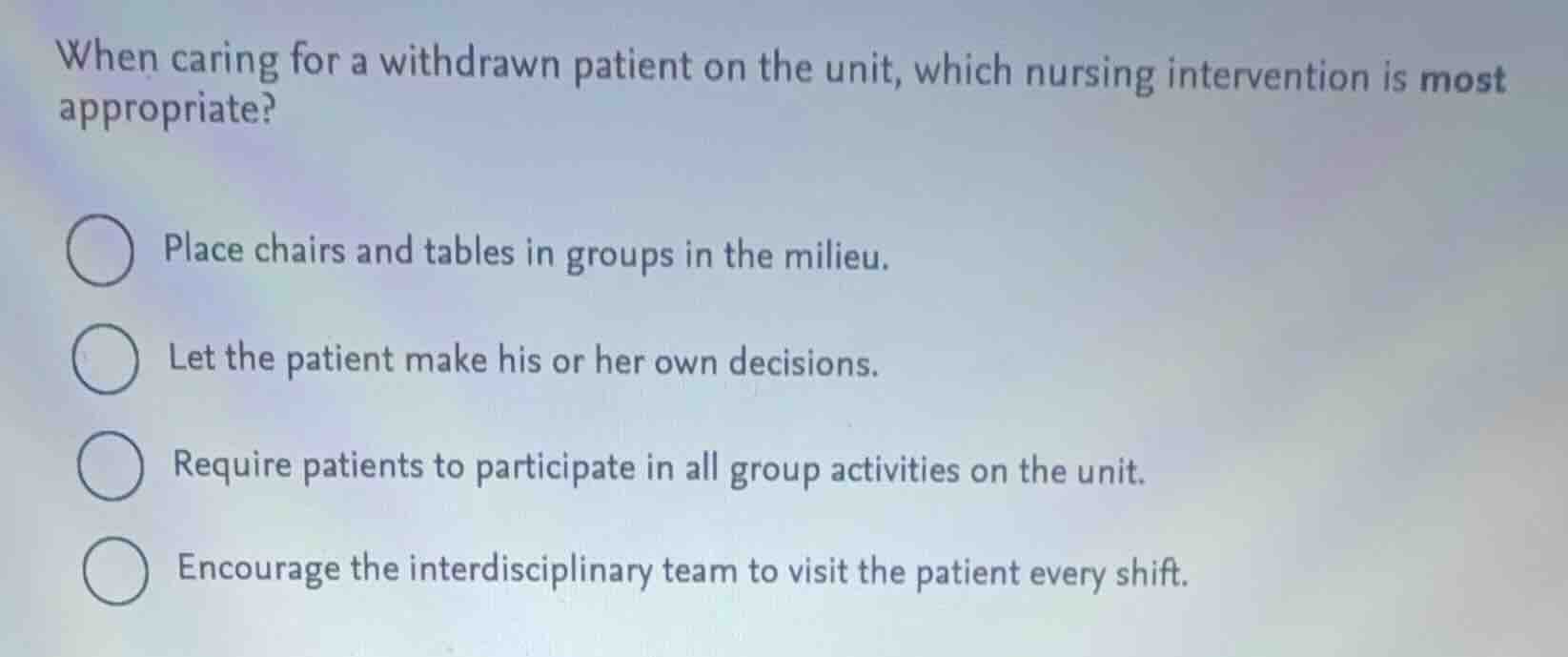when caring for a withdrawn patient on the unit, which nursing interven…