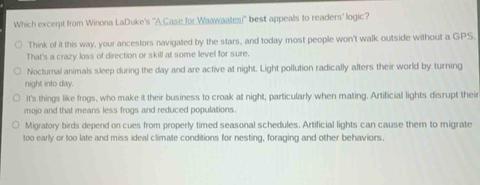 which excerpt from winona ladukes \a case for waawaatesi\ best appeals …