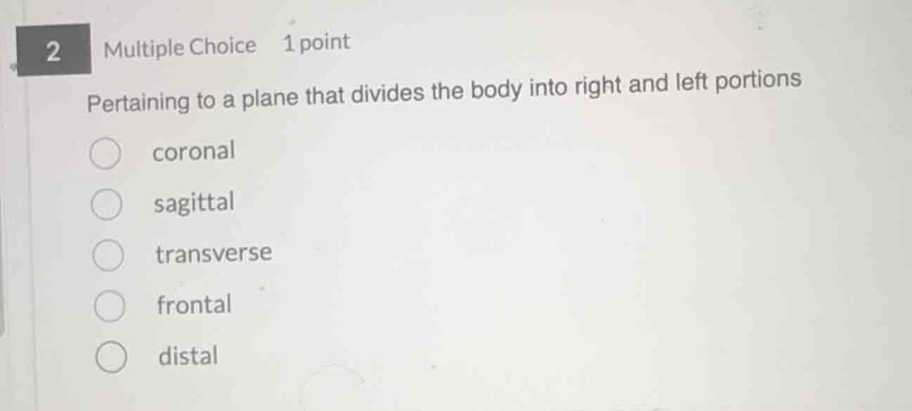 pertaining to a plane that divides the body into right and left portion…