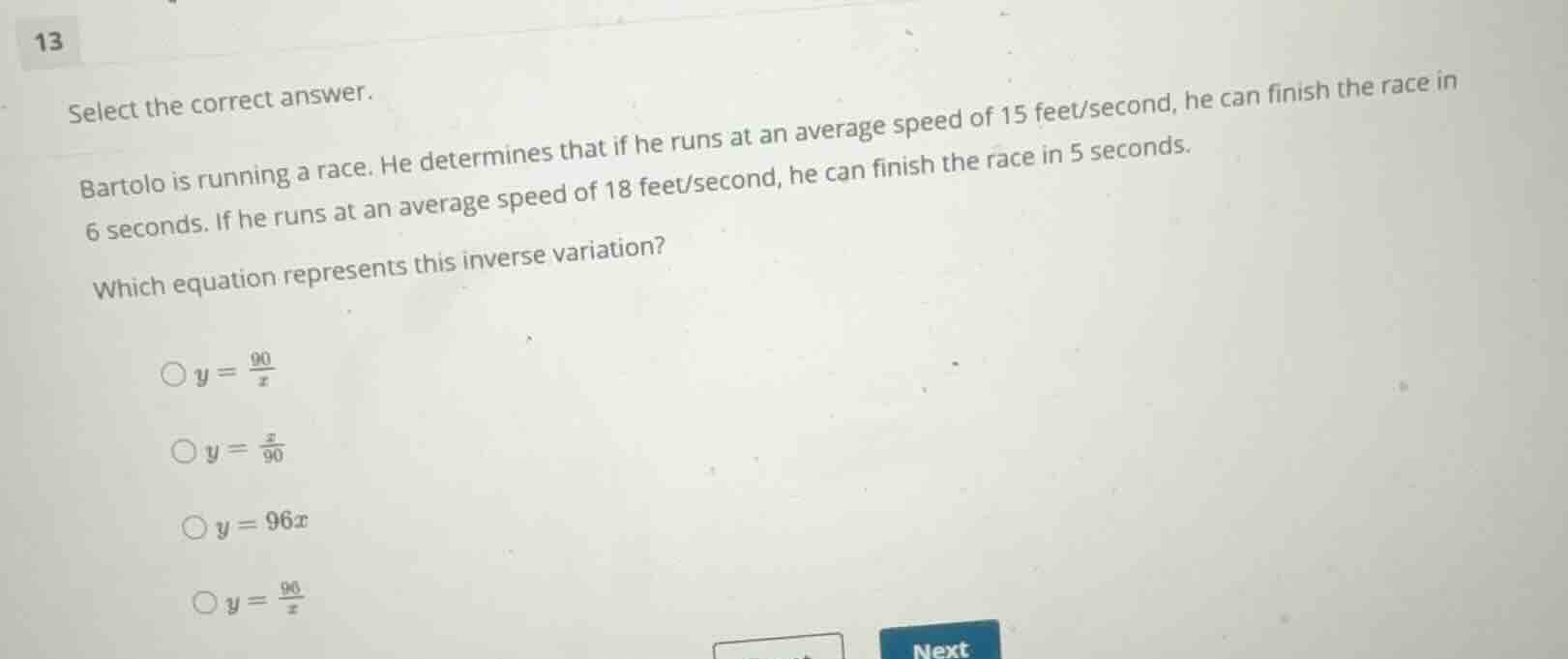 select the correct answer. bartolo is running a race. he determines tha…