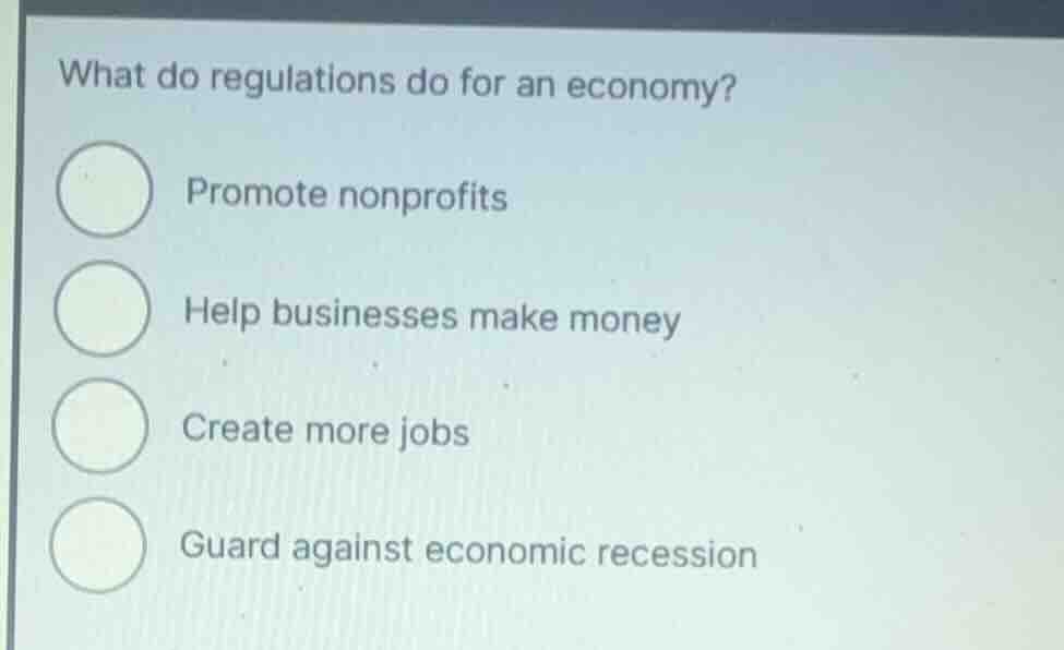 what do regulations do for an economy? promote nonprofits help business…