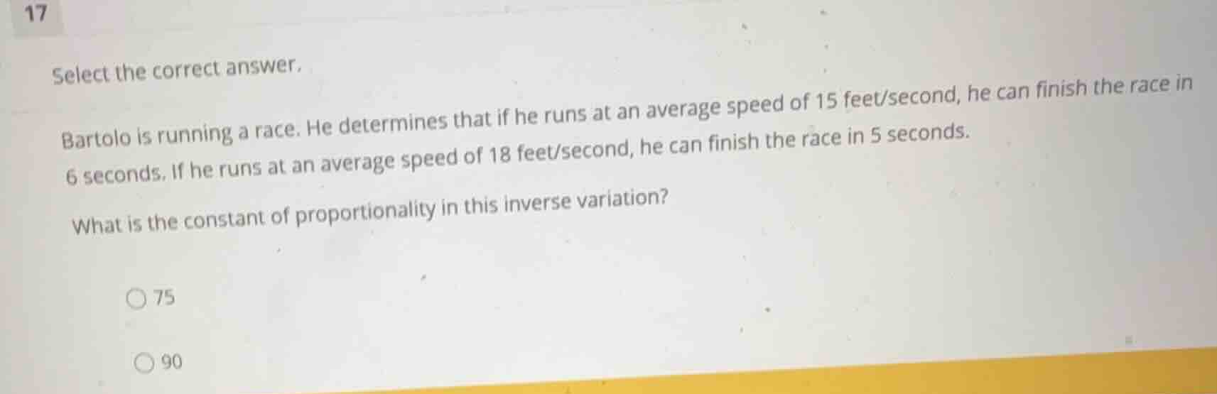 select the correct answer. bartolo is running a race. he determines tha…