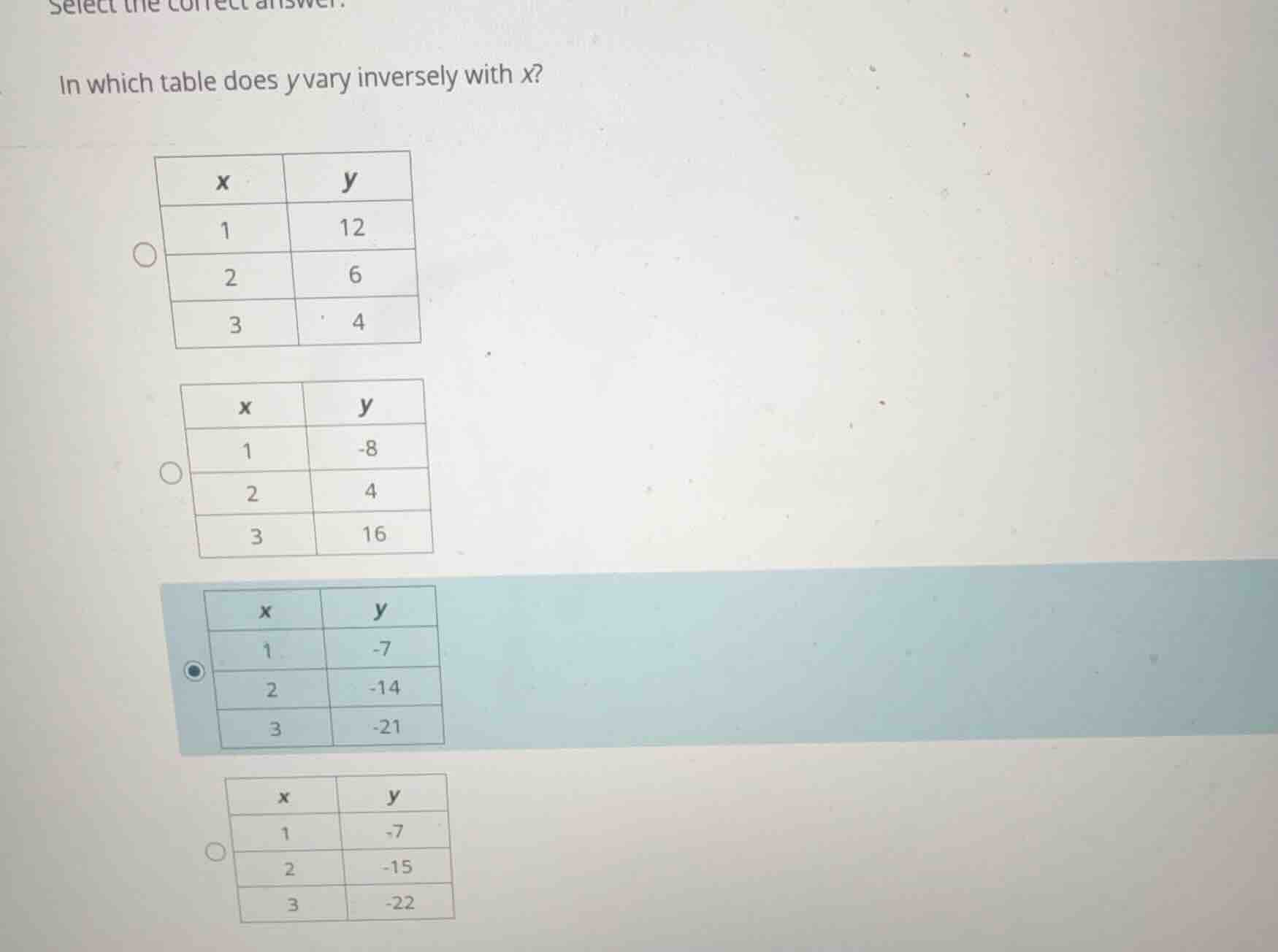 select the correct answer. in which table does (y) vary inversely with …