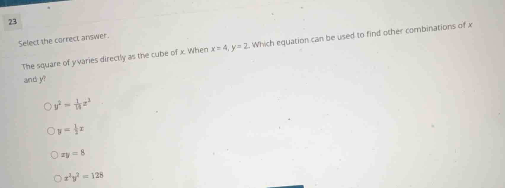 select the correct answer. the square of (y) varies directly as the cub…