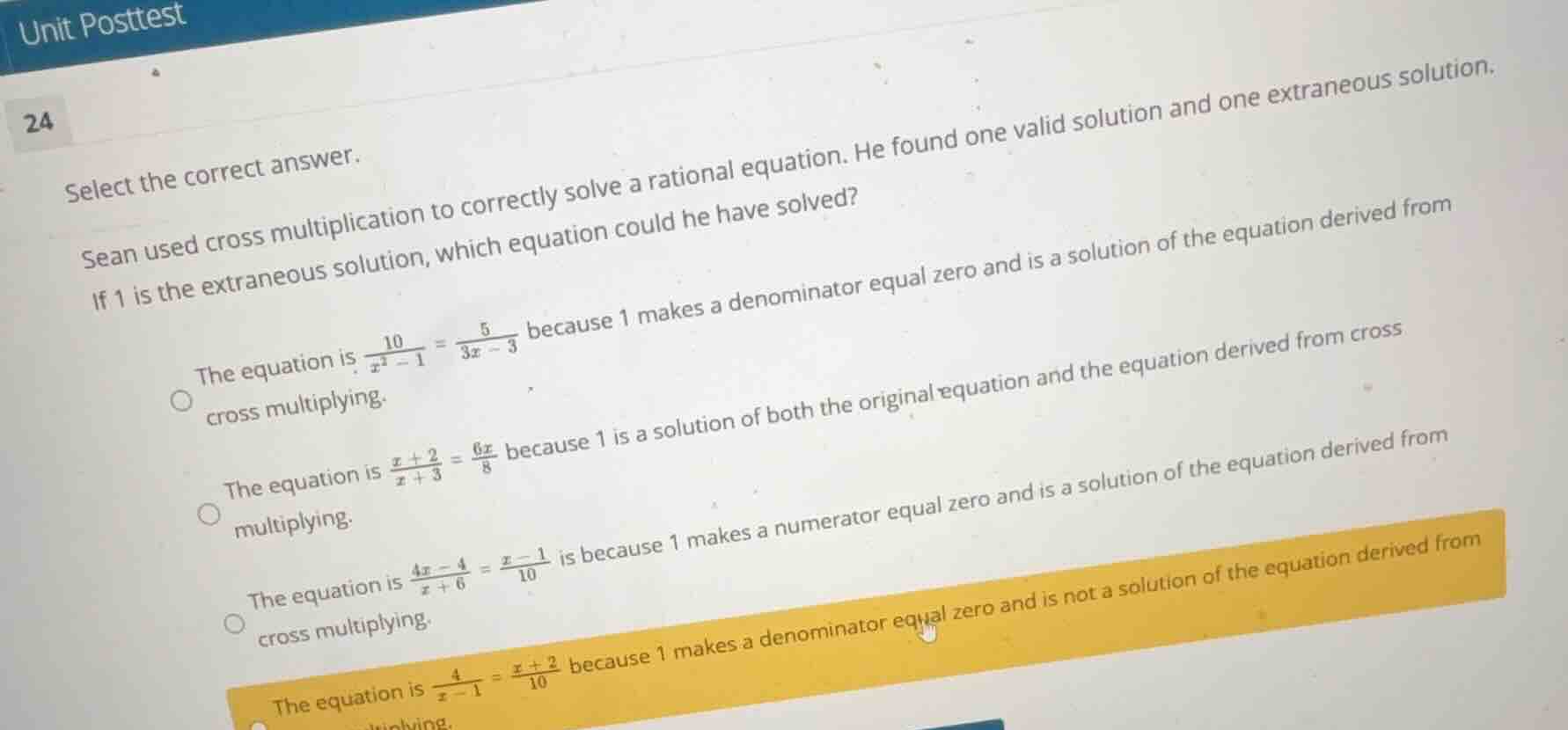 unit posttest 24 select the correct answer. sean used cross multiplicat…