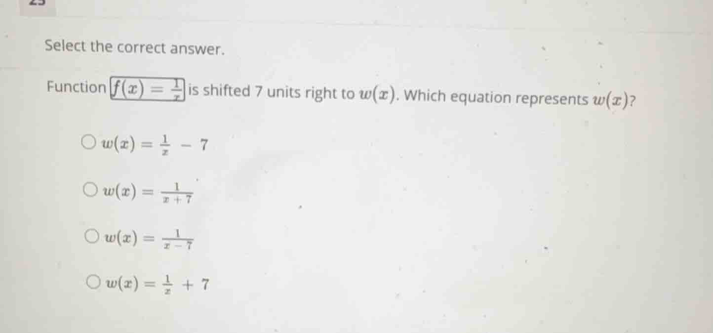 select the correct answer. function \\(f(x) = \\frac{1}{x}\\) is shifte…