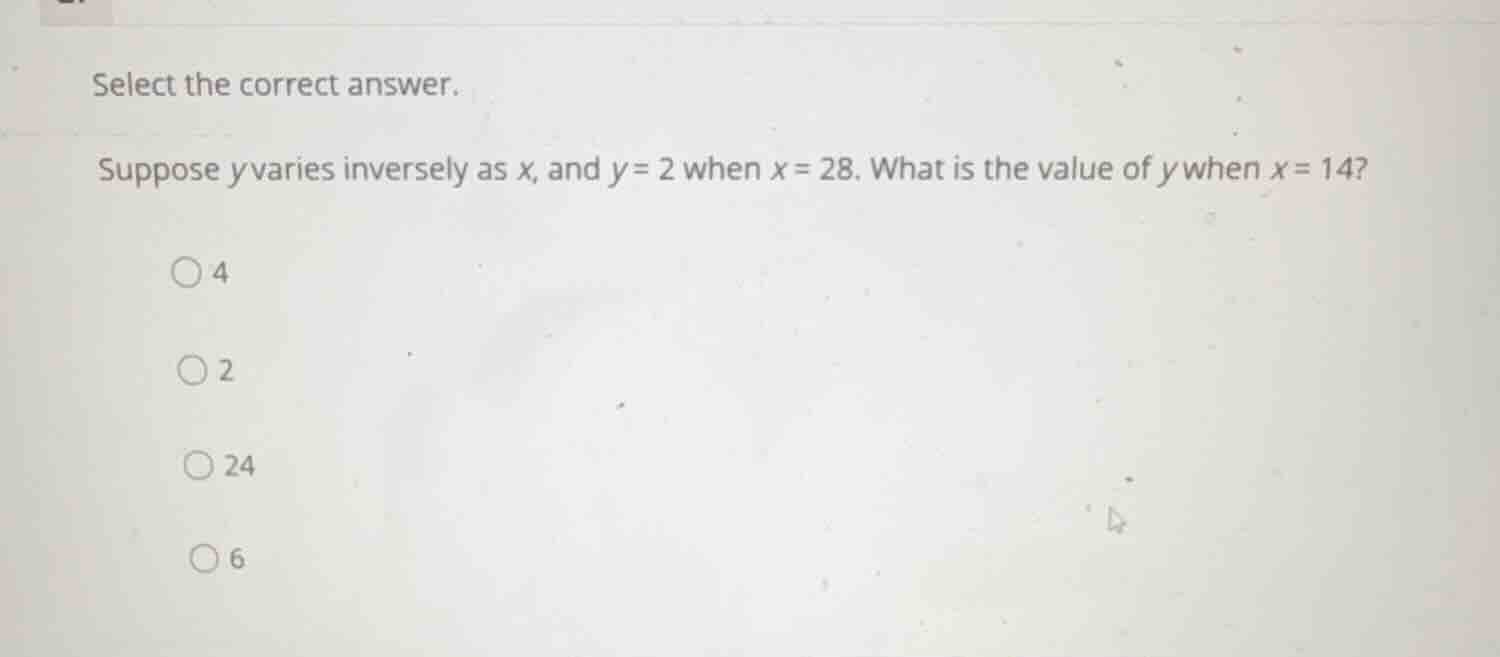 select the correct answer. suppose \\(y\\) varies inversely as \\(x\\),…