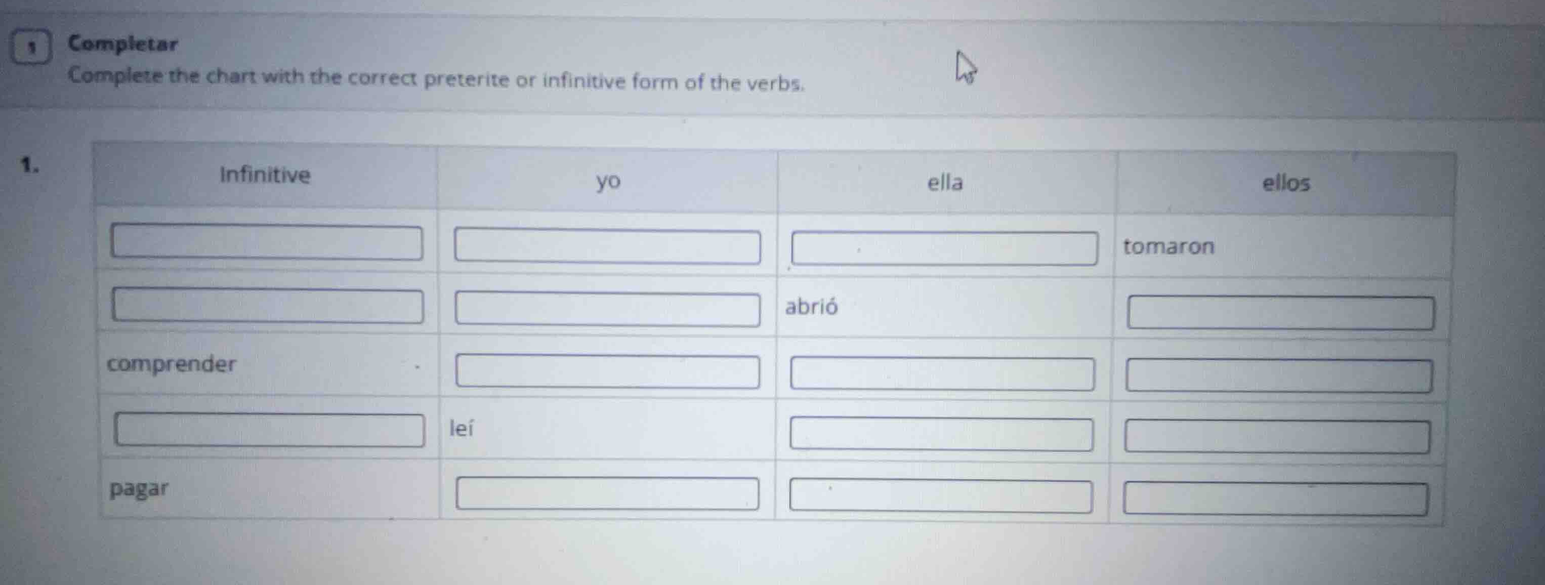 completar complete the chart with the correct preterite or infinitive f…