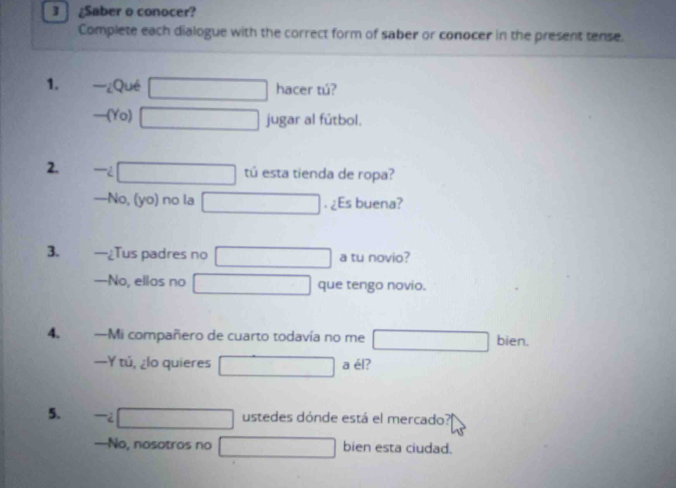 3 ¿saber o conocer? complete each dialogue with the correct form of sab…