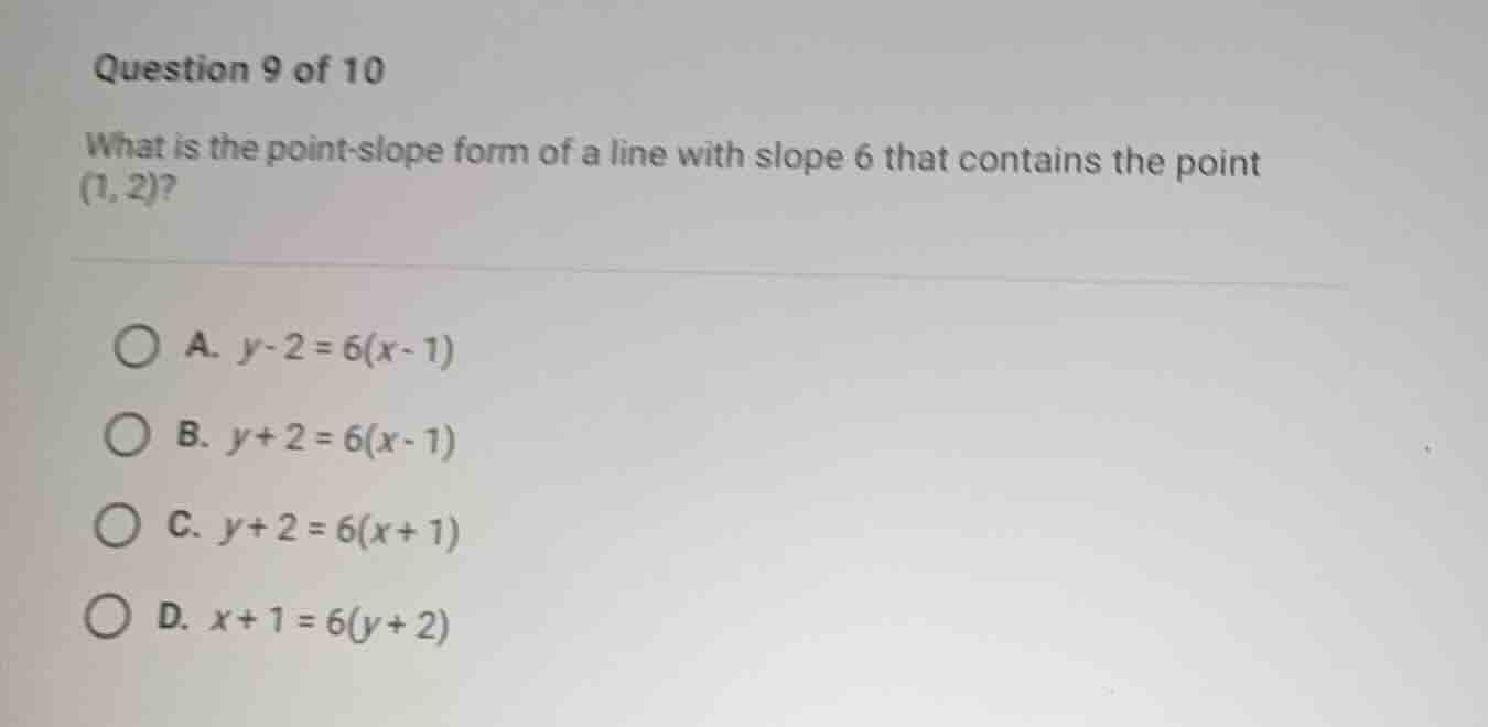 question 9 of 10 what is the point-slope form of a line with slope 6 th…