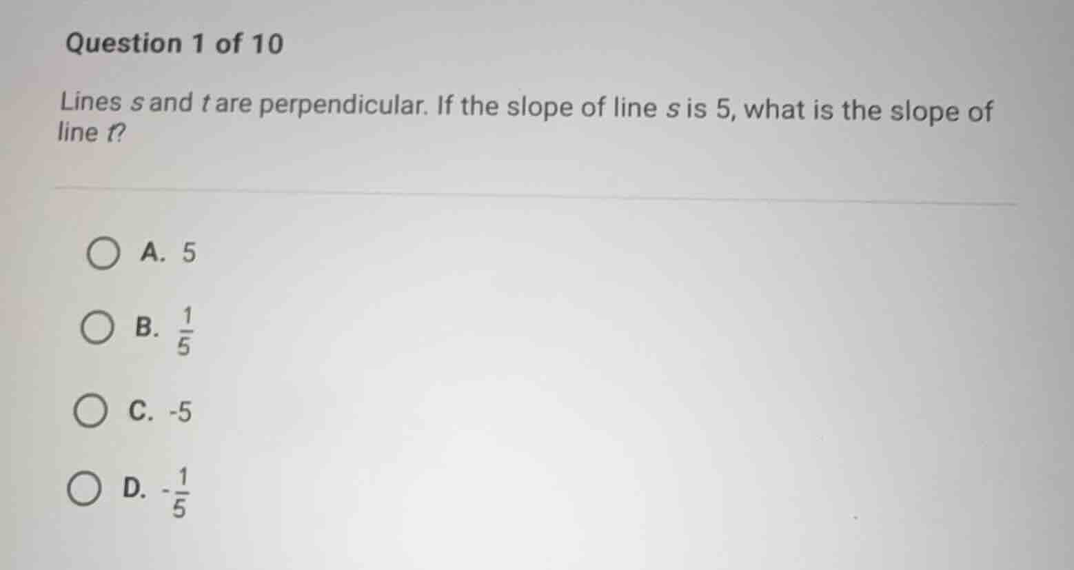 question 1 of 10 lines \\(s\\) and \\(t\\) are perpendicular. if the sl…