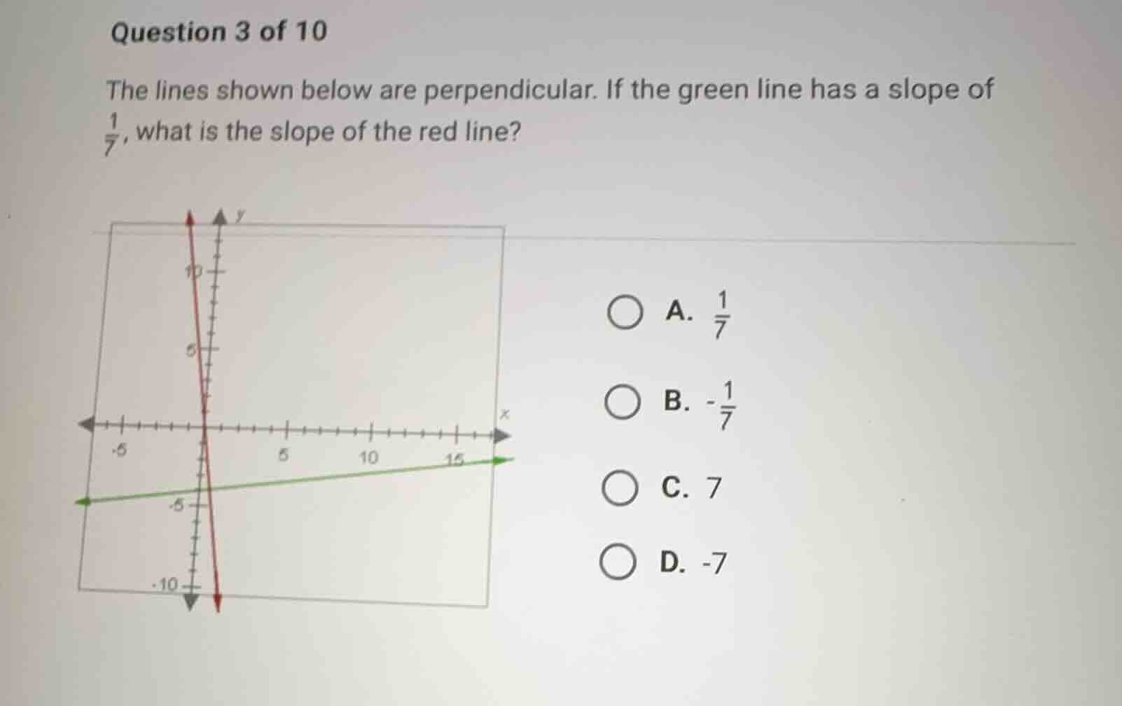 question 3 of 10 the lines shown below are perpendicular. if the green …