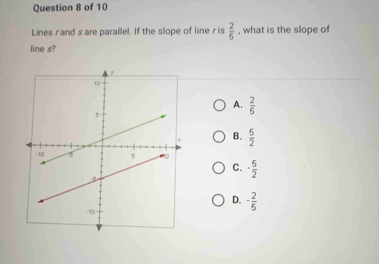 question 8 of 10 lines r and s are parallel. if the slope of line r is …