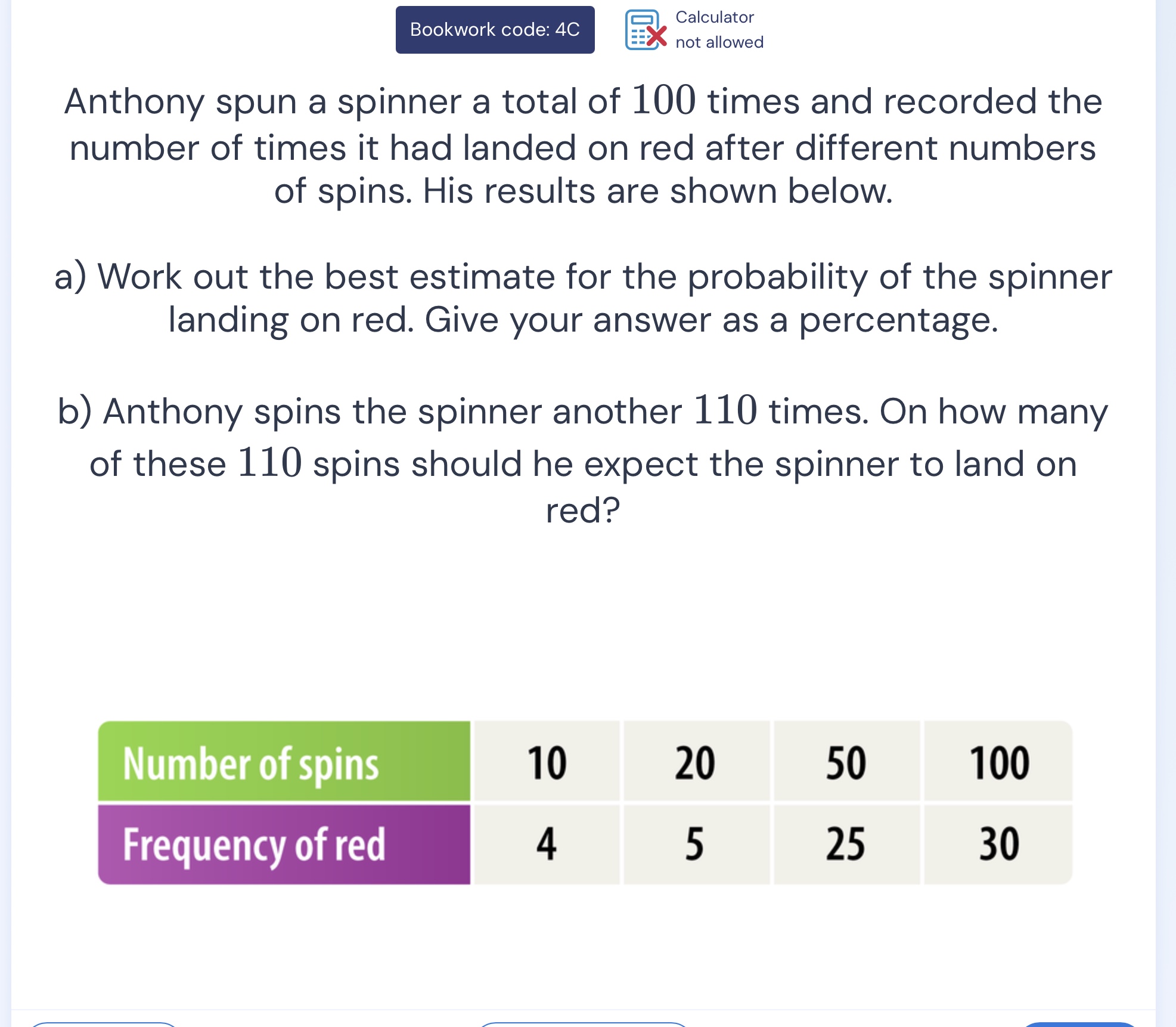 anthony spun a spinner a total of 100 times and recorded the number of …