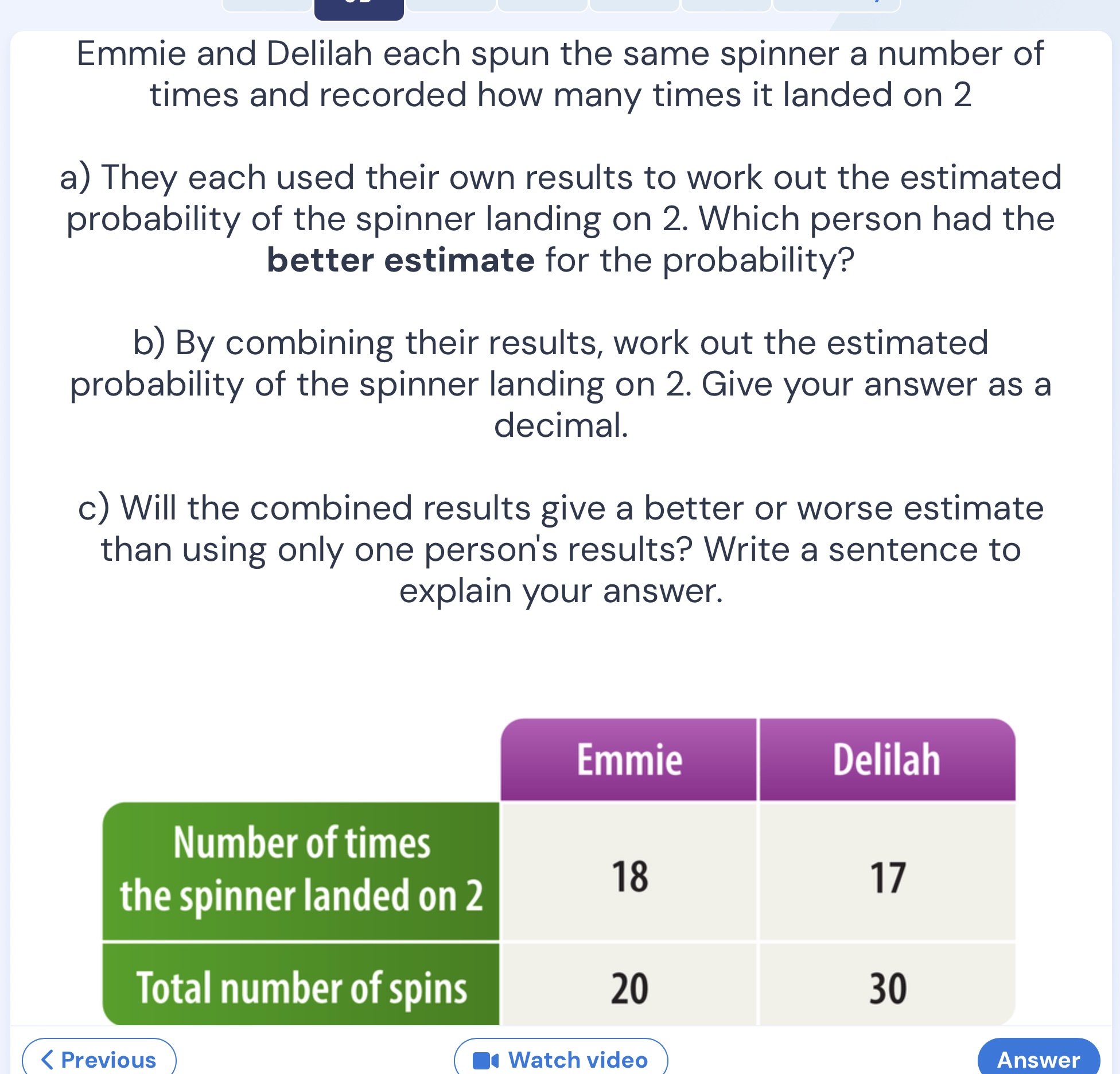 emmie and delilah each spun the same spinner a number of times and reco…