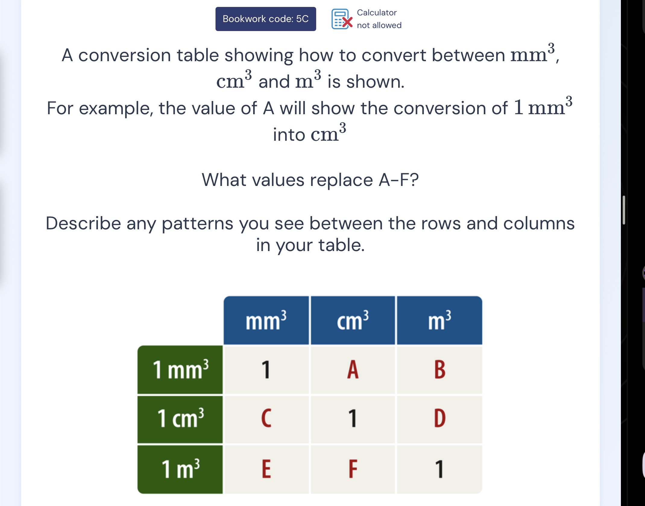a conversion table showing how to convert between \\(\\text{mm}^3\\), \…