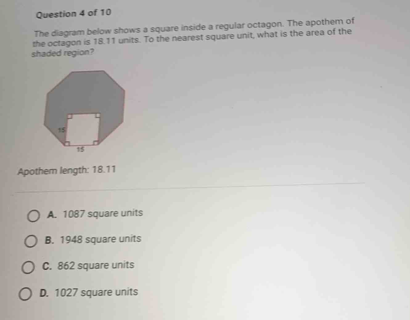 question 4 of 10 the diagram below shows a square inside a regular octa…