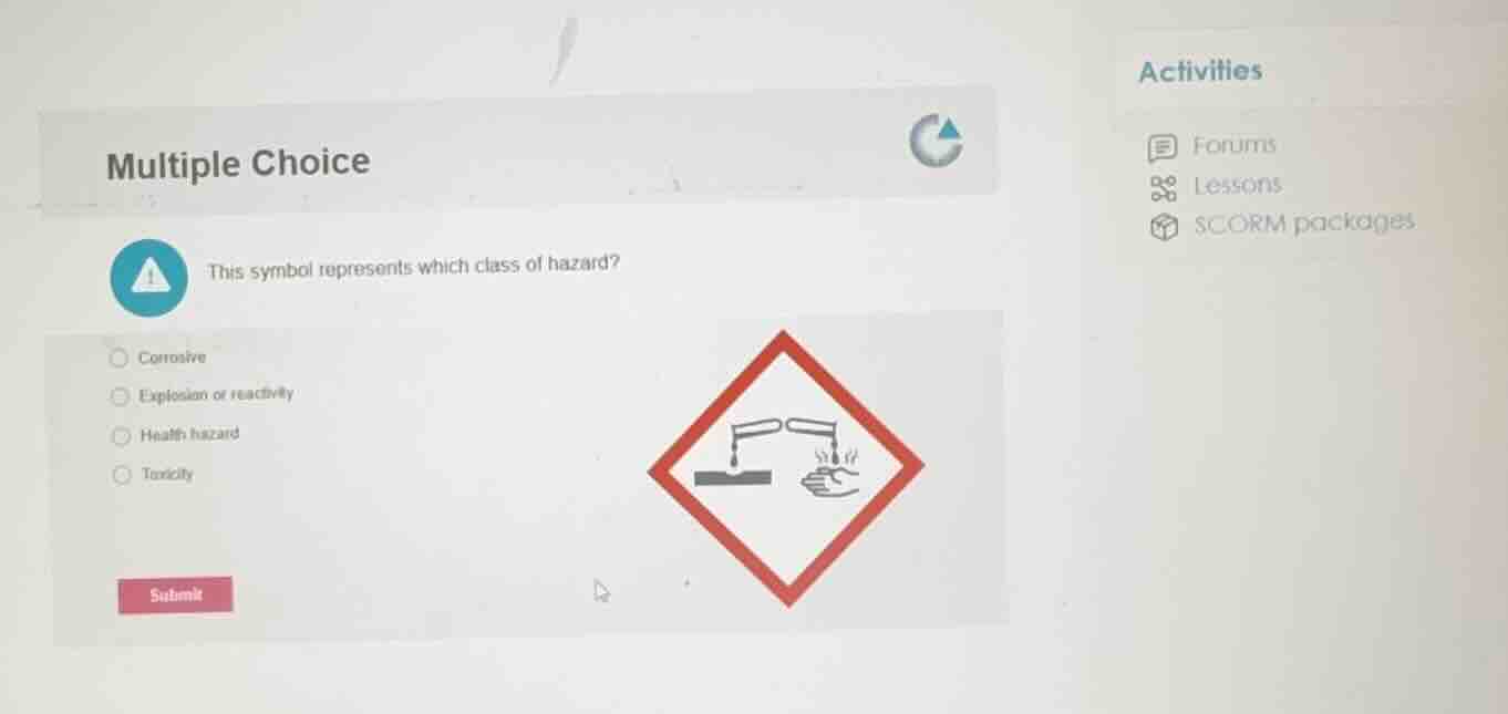multiple choice this symbol represents which class of hazard? corrosive…