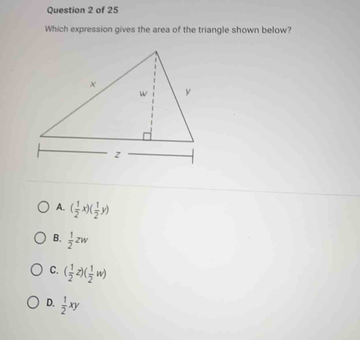 question 2 of 25 which expression gives the area of the triangle shown …