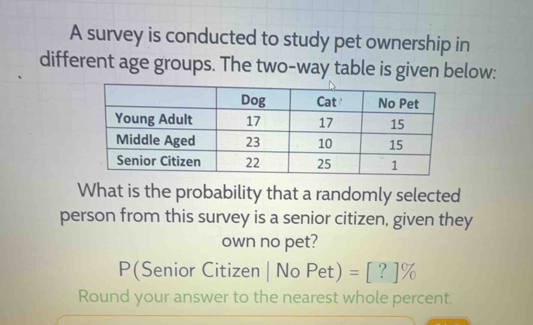 a survey is conducted to study pet ownership in different age groups. t…
