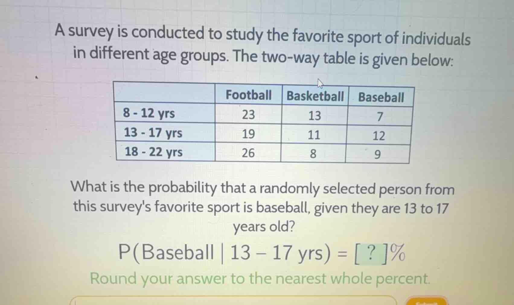 a survey is conducted to study the favorite sport of individuals in dif…