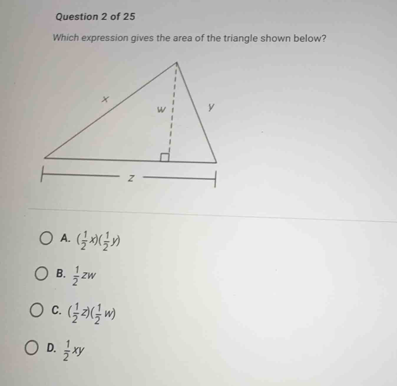 question 2 of 25 which expression gives the area of the triangle shown …