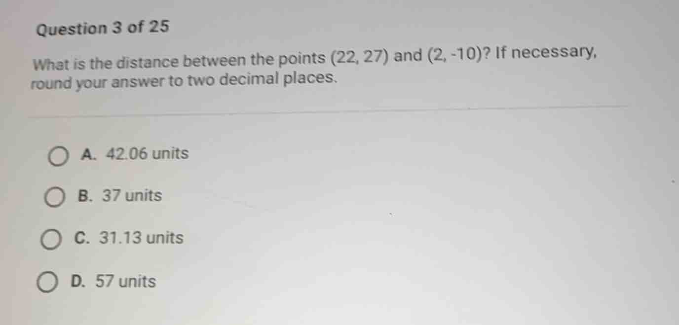 question 3 of 25 what is the distance between the points \\((22, 27)\\)…
