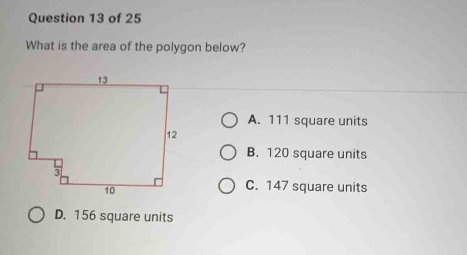 question 13 of 25 what is the area of the polygon below? a. 111 square …
