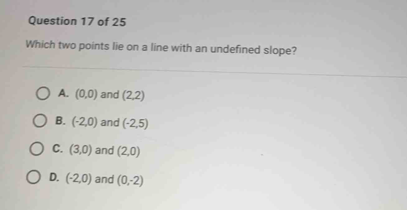 question 17 of 25 which two points lie on a line with an undefined slop…