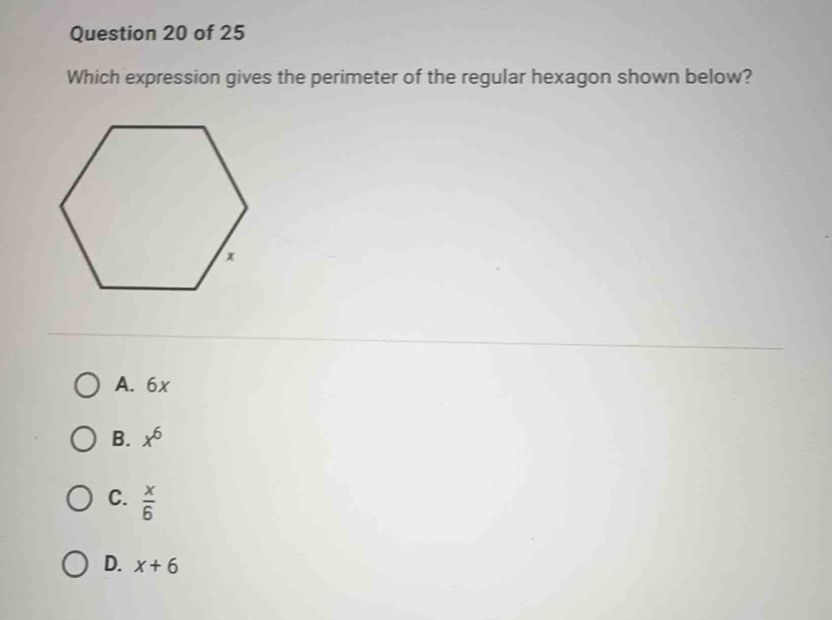question 20 of 25 which expression gives the perimeter of the regular h…