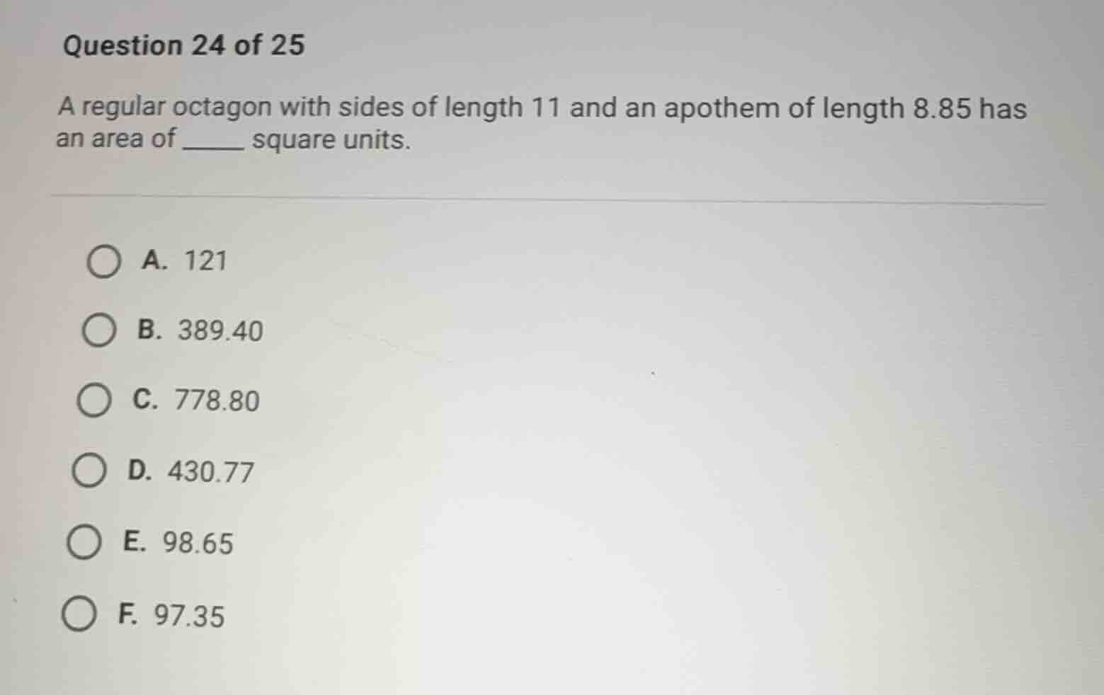 question 24 of 25 a regular octagon with sides of length 11 and an apot…