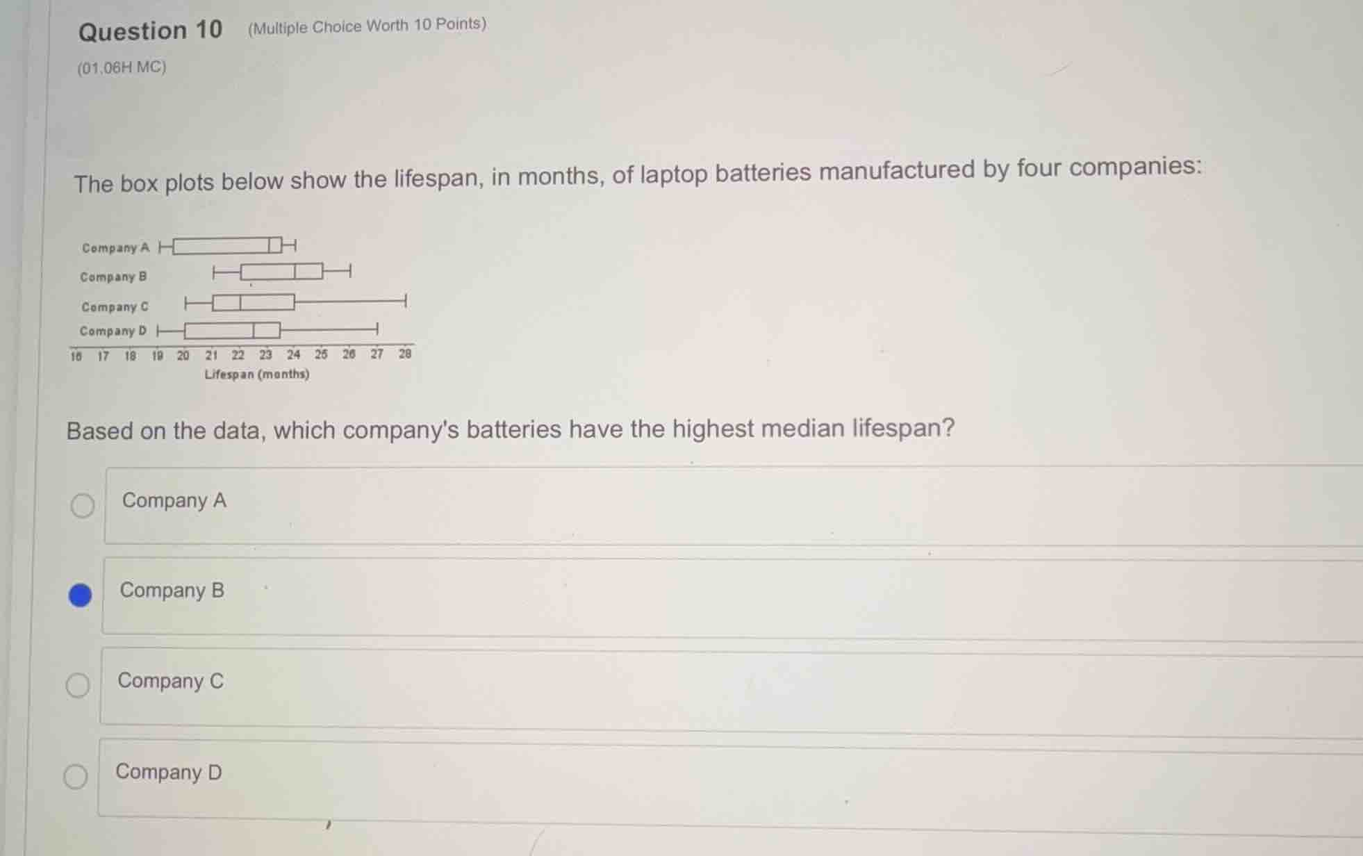 question 10 (multiple choice worth 10 points) (01.06h mc) the box plots…