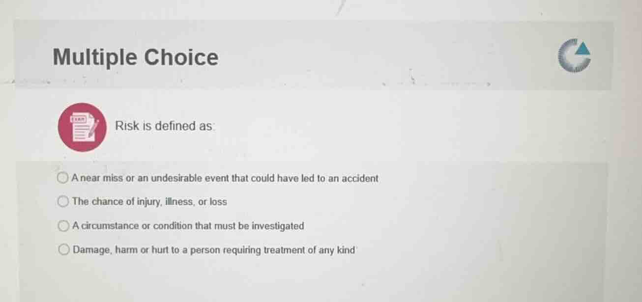multiple choice risk is defined as: a near miss or an undesirable event…