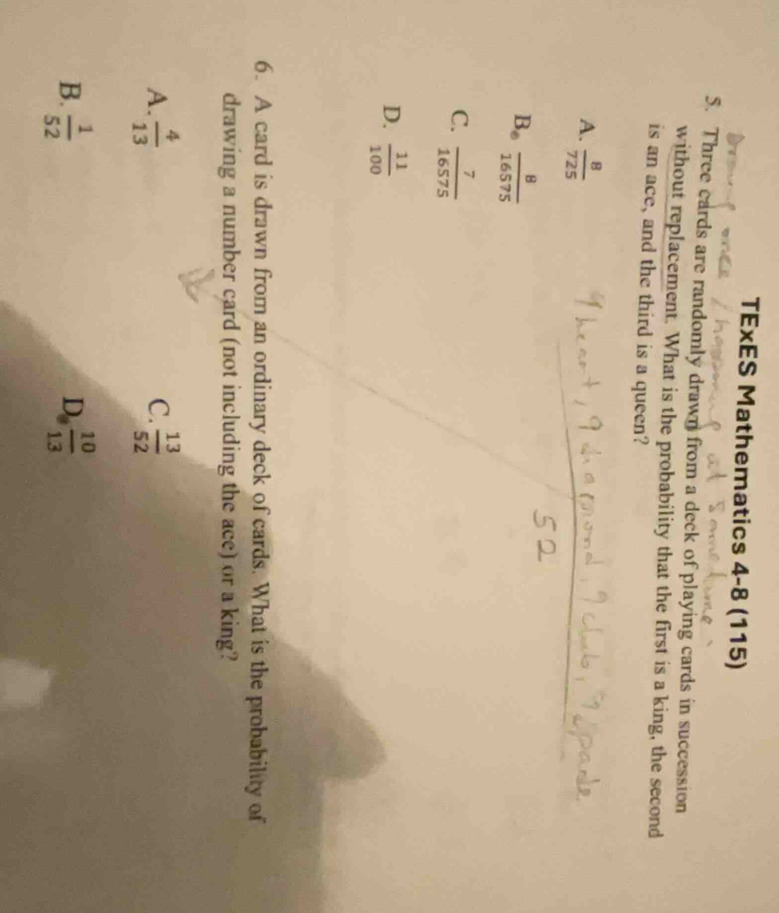 texes mathematics 4-8 (115) 5. three cards are randomly drawn from a de…