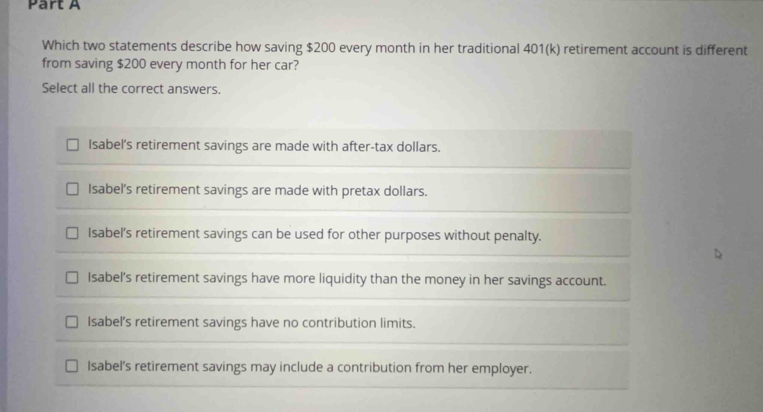 part a which two statements describe how saving $200 every month in her…
