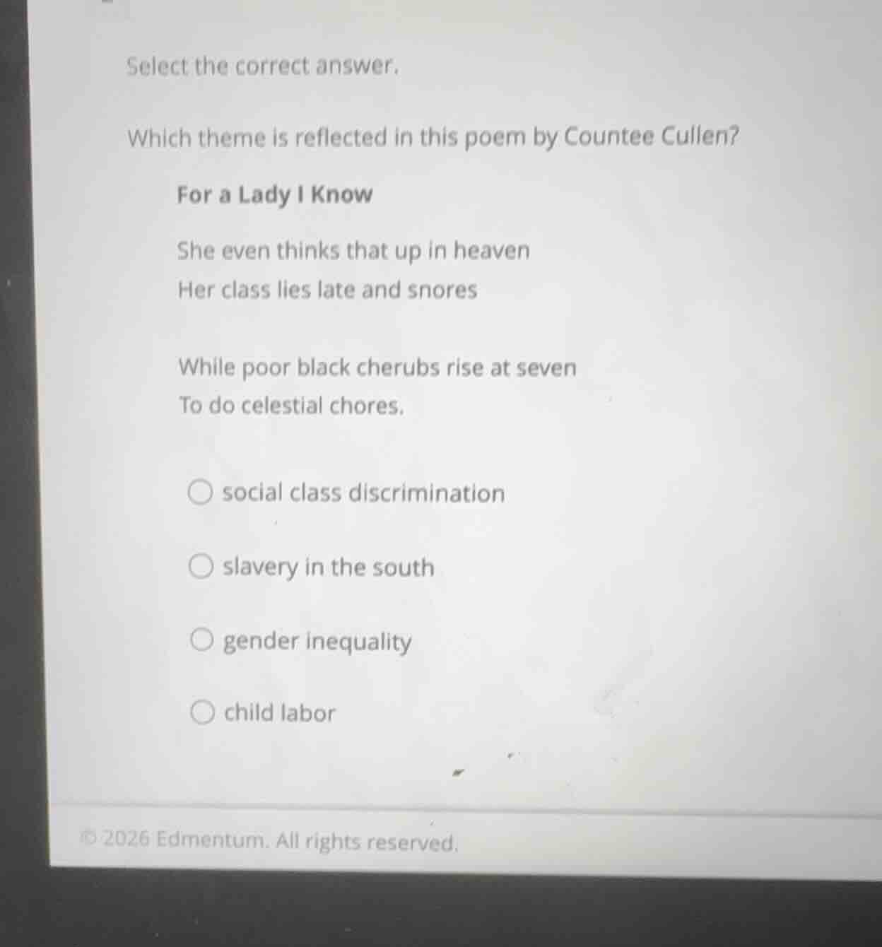 select the correct answer. which theme is reflected in this poem by cou…