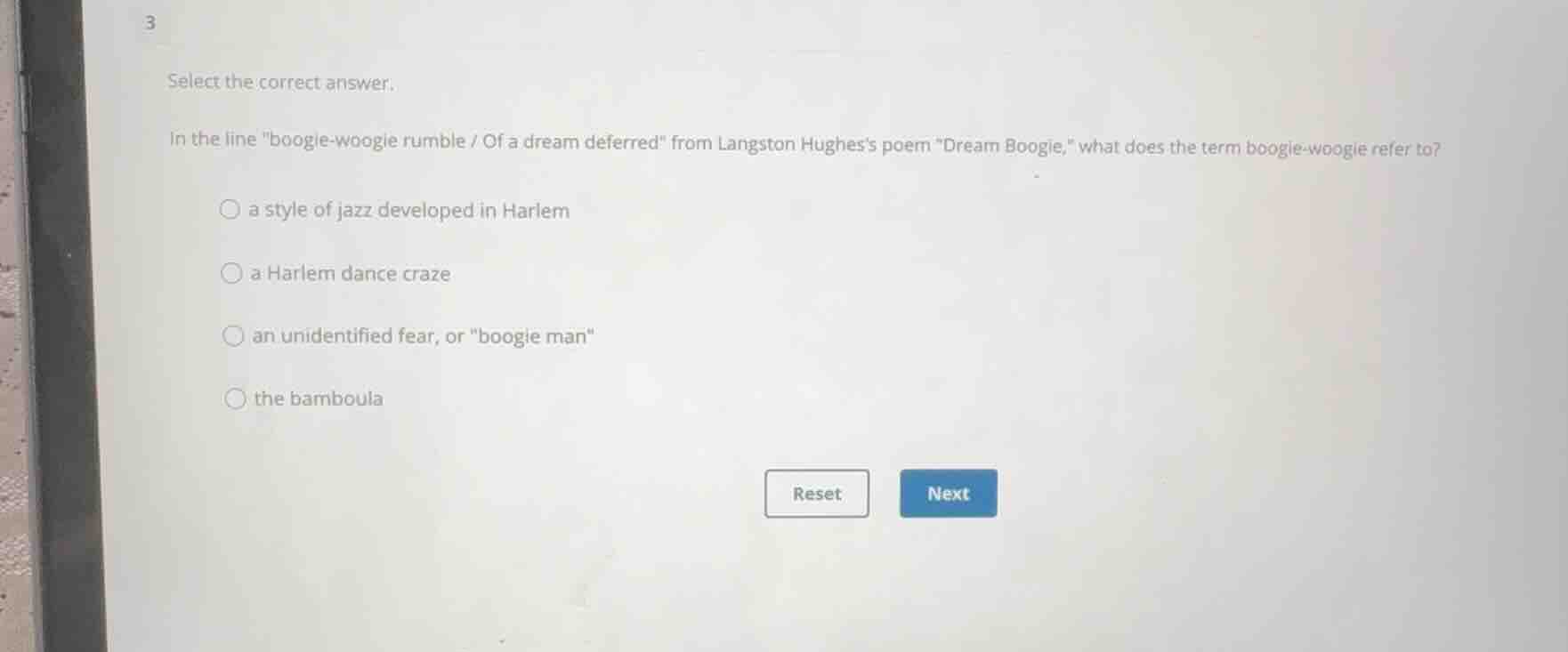 select the correct answer. in the line \boogie-woogie rumble / of a dre…