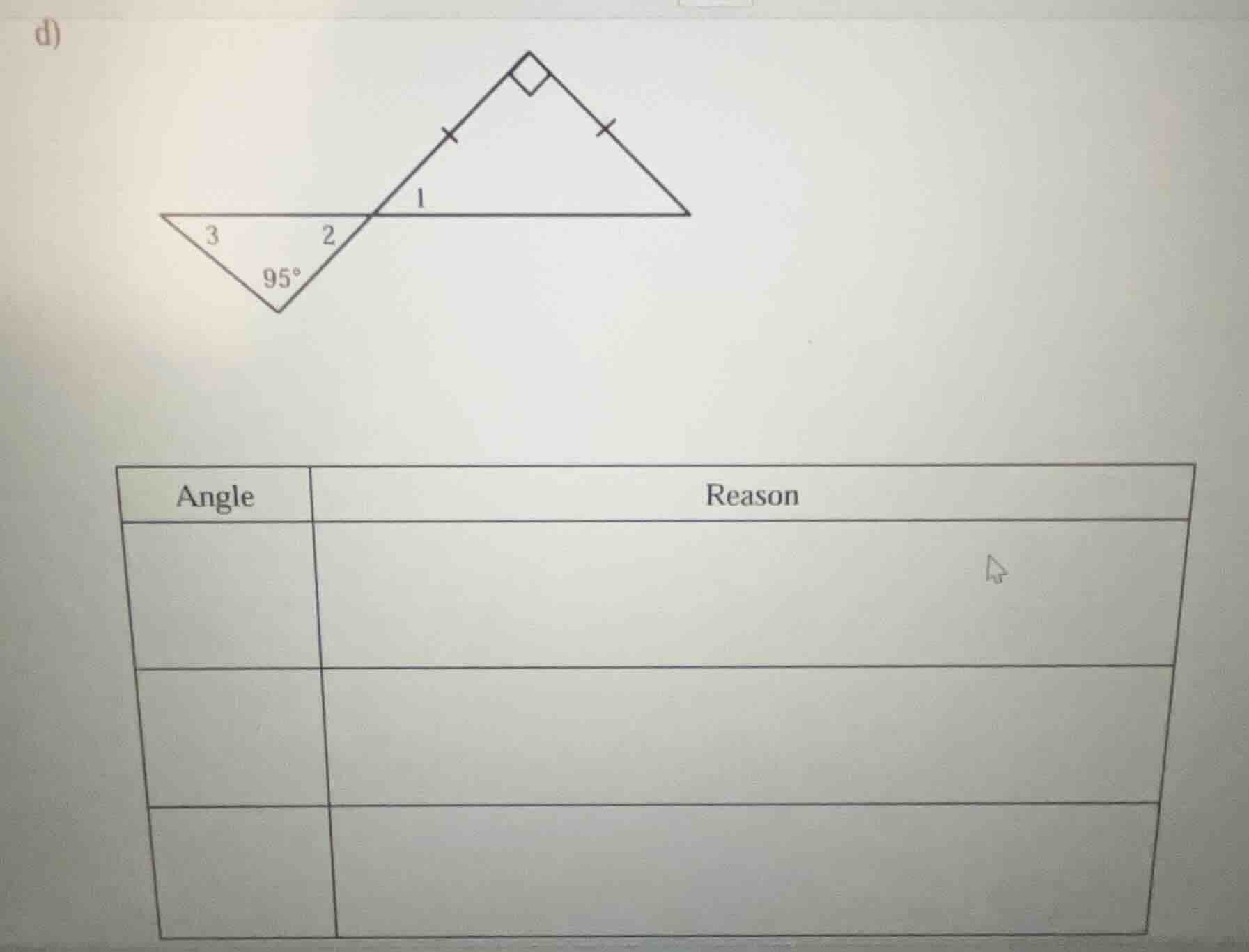 d) \\begin{array}{|c|c|} \\hline \\text{angle} & \\text{reason} \\\\ \\…