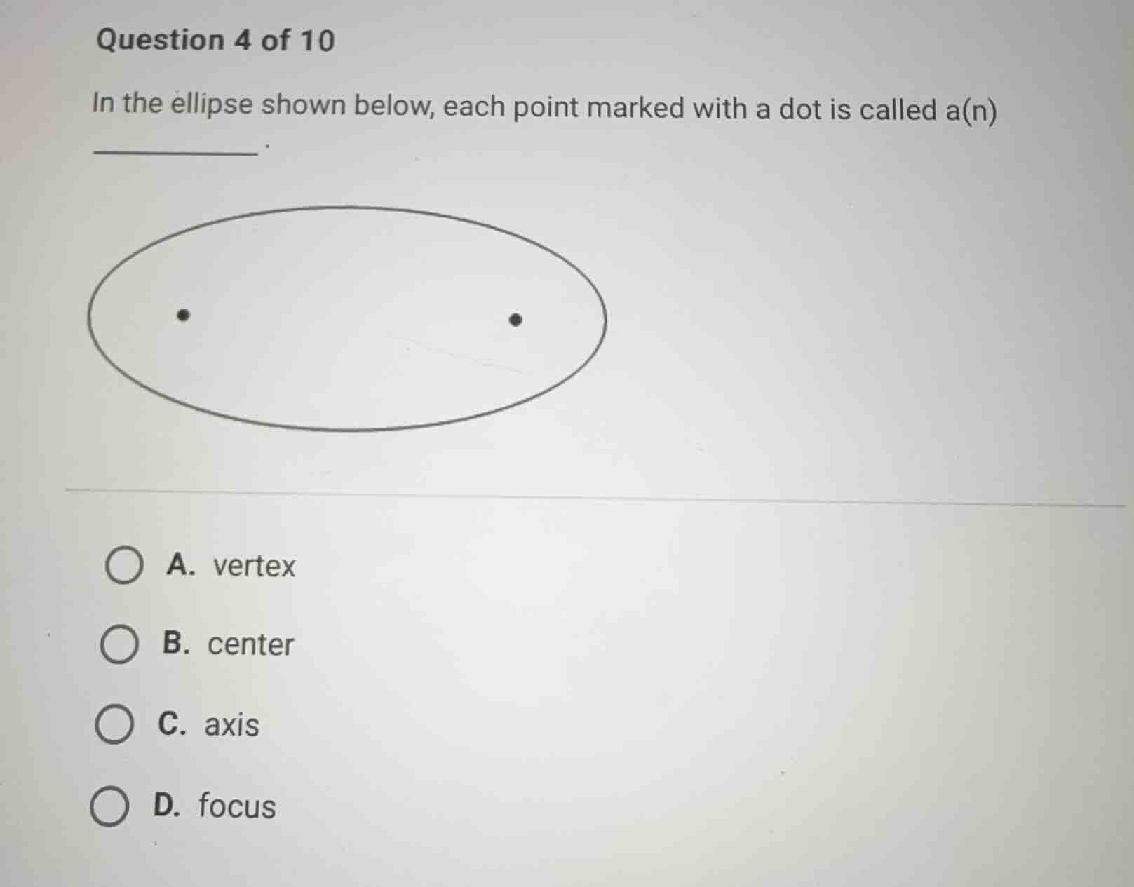 question 4 of 10 in the ellipse shown below, each point marked with a d…