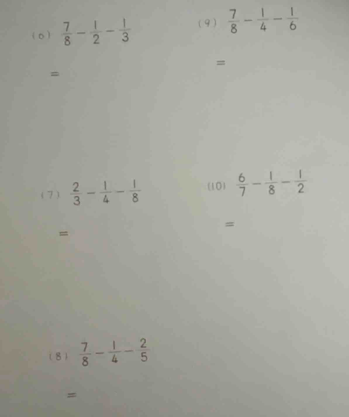 (6) \\(\\frac{7}{8} - \\frac{1}{2} - \\frac{1}{3}\\) = (7) \\(\\frac{2}…