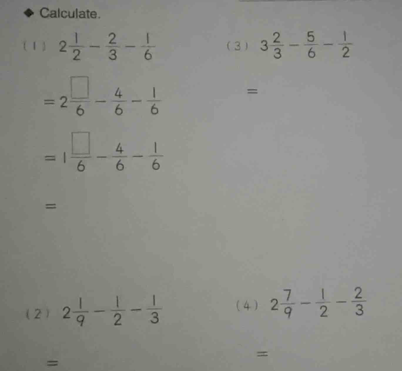 calculate. (1) \\(2\\frac{1}{2} - \\frac{2}{3} - \\frac{1}{6}\\) \\(= 2…