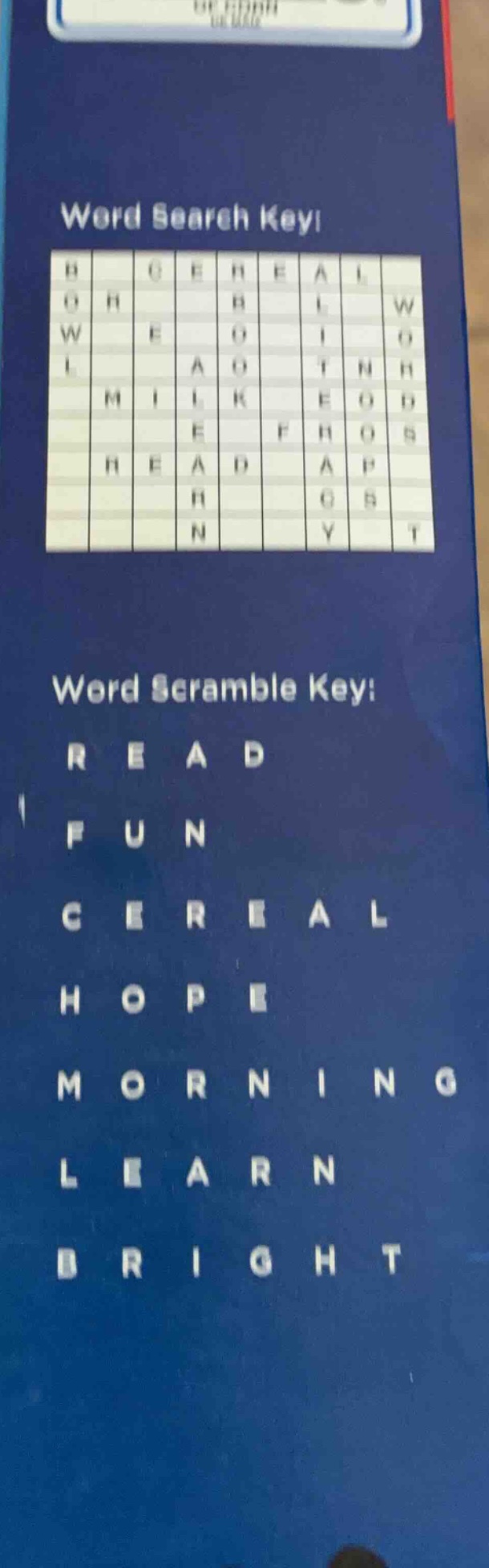 word search key: word scramble key: read fun cereal hope morning learn …
